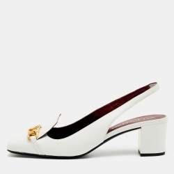 Pre Owned Valentino White Leather VLogo Chain Block Heel Slingback Pumps Size 36
