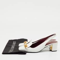 Pre Owned Valentino White Leather VLogo Chain Block Heel Slingback Pumps Size 36