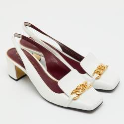 Pre Owned Valentino White Leather VLogo Chain Block Heel Slingback Pumps Size 36