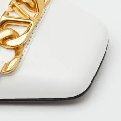 Pre Owned Valentino White Leather VLogo Chain Block Heel Slingback Pumps Size 36