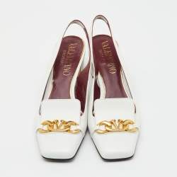 Pre Owned Valentino White Leather VLogo Chain Block Heel Slingback Pumps Size 36