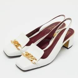 Pre Owned Valentino White Leather VLogo Chain Block Heel Slingback Pumps Size 36