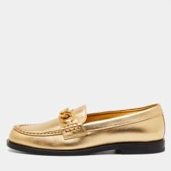 Pre Owned Valentino Gold Leather VLogo Chain Slip On Loafers Size 35