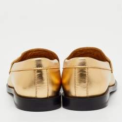 Pre Owned Valentino Gold Leather VLogo Chain Slip On Loafers Size 35