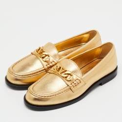 Pre Owned Valentino Gold Leather VLogo Chain Slip On Loafers Size 35