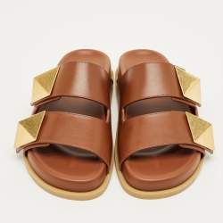 Pre Owned Valentino Brown Leather Roman Stud Flat Slides Size 36