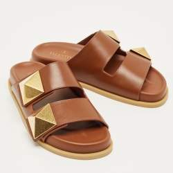 Pre Owned Valentino Brown Leather Roman Stud Flat Slides Size 36