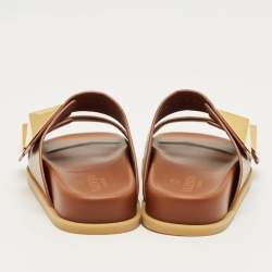Pre Owned Valentino Brown Leather Roman Stud Flat Slides Size 36