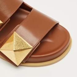 Pre Owned Valentino Brown Leather Roman Stud Flat Slides Size 36