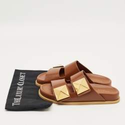 Pre Owned Valentino Brown Leather Roman Stud Flat Slides Size 36