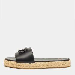 Pre Owned Valentino Black Leather VLogo Espadrille Slides Size 41
