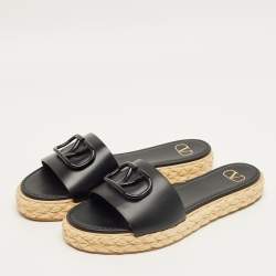 Pre Owned Valentino Black Leather VLogo Espadrille Slides Size 41