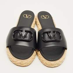 Pre Owned Valentino Black Leather VLogo Espadrille Slides Size 41