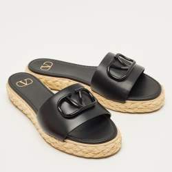 Pre Owned Valentino Black Leather VLogo Espadrille Slides Size 41
