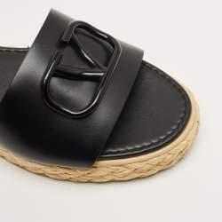 Pre Owned Valentino Black Leather VLogo Espadrille Slides Size 41