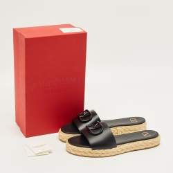 Pre Owned Valentino Black Leather VLogo Espadrille Slides Size 41