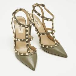 مملوكة مسبقًا حذاء كعب عالي فالنتينو جلد أسود/بيج روكستد بحزام للكاحل مقاس 35