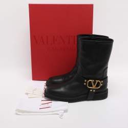 Pre Owned Valentino VLogo Size 40 Black Leather Ankle Length Boots