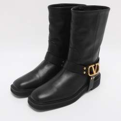 Pre Owned Valentino VLogo Size 40 Black Leather Ankle Length Boots