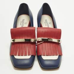 Pre Owned Valentino Rockstud Size 37 Blue/Red Leather Block Heel Loafer Pumps