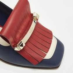 Pre Owned Valentino Rockstud Size 37 Blue/Red Leather Block Heel Loafer Pumps
