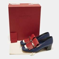 Pre Owned Valentino Rockstud Size 37 Blue/Red Leather Block Heel Loafer Pumps