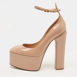 Pre Owned Valentino Tan-Go Size 39 Beige Patent Leather Ankle Strap Platform Pumps