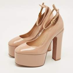 Pre Owned Valentino Tan-Go Size 39 Beige Patent Leather Ankle Strap Platform Pumps