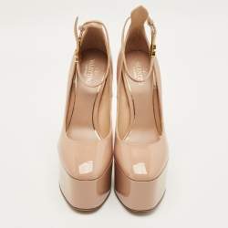 Pre Owned Valentino Tan-Go Size 39 Beige Patent Leather Ankle Strap Platform Pumps