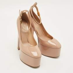 Pre Owned Valentino Tan-Go Size 39 Beige Patent Leather Ankle Strap Platform Pumps