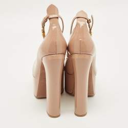 Pre Owned Valentino Tan-Go Size 39 Beige Patent Leather Ankle Strap Platform Pumps