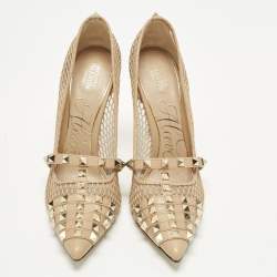 Pre Owned Valentino Alcove Size 38.5 Beige Leather and Mesh Pumps