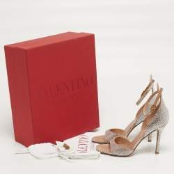 Pre Owned Valentino Tan-Go Size 37 Silver Suede Crystal Embellished Ankle Strap Sandals