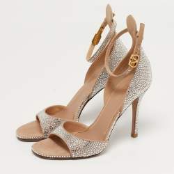 Pre Owned Valentino Tan-Go Size 37 Silver Suede Crystal Embellished Ankle Strap Sandals