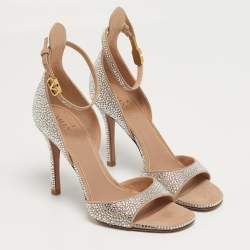 Pre Owned Valentino Tan-Go Size 37 Silver Suede Crystal Embellished Ankle Strap Sandals