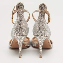 Pre Owned Valentino Tan-Go Size 37 Silver Suede Crystal Embellished Ankle Strap Sandals