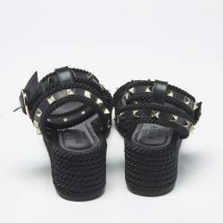 Pre Owned صندل فالنتينو مرصع روكستد بكعب من الجلد والحبال بسير للكاحل أسود مقاس 39