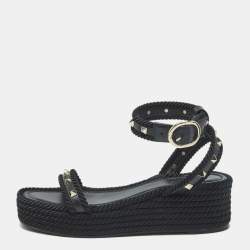مملوكة مسبقًا Valentino Rockstud Size 39 Black Leather and Rope Wedge Ankle Strap Sandals