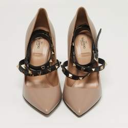 Pre Owned Valentino Rockstud Size 38 Beige Leather Ankle Wrap Pumps