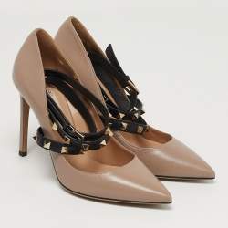 Pre Owned Valentino Rockstud Size 38 Beige Leather Ankle Wrap Pumps