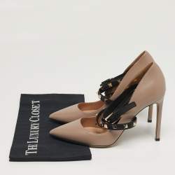Pre Owned Valentino Rockstud Size 38 Beige Leather Ankle Wrap Pumps