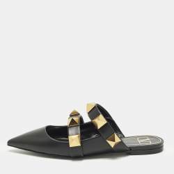 مملوكة مسبقًا Valentino Roman Stud Size 37 Black Leather Flat Mules