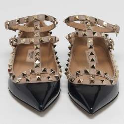 مملوكة مسبقًا Valentino Rockstud Size 37 Black/Beige Leather and Patent Leather Ballet Flats