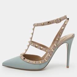 Pre Owned Valentino Rockstud Size 41 Blue/Beige Leather Pumps 