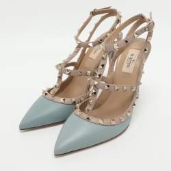 Pre Owned Valentino Rockstud Size 41 Blue/Beige Leather Pumps 