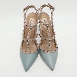 Pre Owned Valentino Rockstud Size 41 Blue/Beige Leather Pumps 