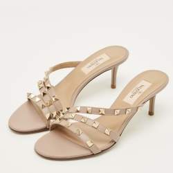 Pre Owned Valentino Rockstud Size 36 Beige Leather Slide Sandals