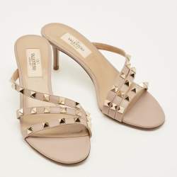Pre Owned Valentino Rockstud Size 36 Beige Leather Slide Sandals
