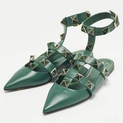 Pre Owned Valentino Roman Stud Size 41.5 Green Leather Mules