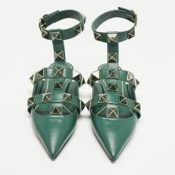 Pre Owned Valentino Roman Stud Size 41.5 Green Leather Mules